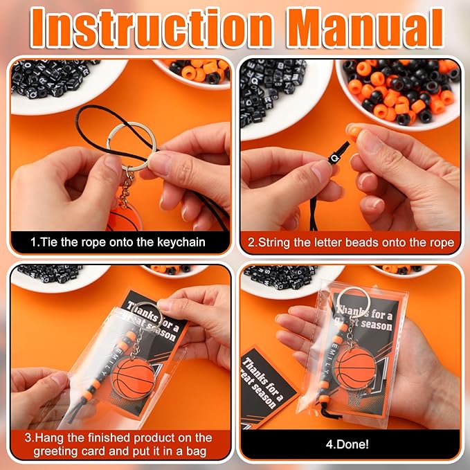 Suncalla 984 Pcs 24 Set Basketball Keychain Making Kit DIY Basketball Bag Tag Sport Key Chain Crafts Adjustable Letter Beads Cards Kit Team Gift Accessories Party Favors for Adult (Orange Black)