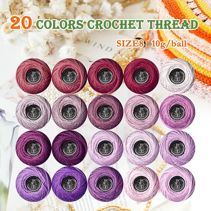 Soft 20 Colors Classic Crochet Thread 20 Pack,100% Cotton (Violet-3726-554)