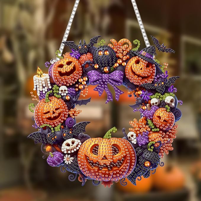 RYMILIE Diamond Art Hanging Kit for Adult,Special Shaped Rhinestone,Double Sided 5D DIY Acrylic Diamond Art Painting Window Pendants Home Garden Wall Hanging Kits Hanging Ornament (Halloween Pumpkin)
