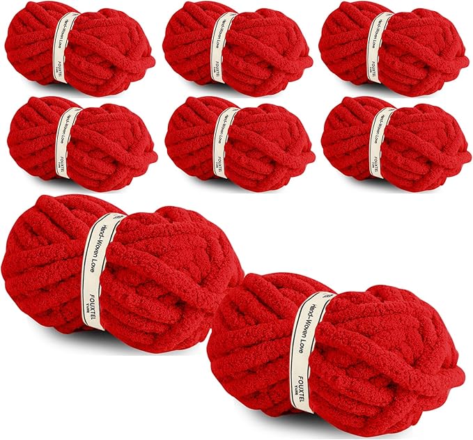8 Jumbo Packs Chunky Chenille Yarn for Crocheting, 31.7 yds, 8 oz Each Skein Bulky Thick Fluffy Yarn for Knitting, Super Bulky Chunky Yarn for Hand Knitting Blanket, Soft Plush - Red