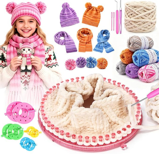 Spardar Hat Knitting Kit, Weaving Loom Kit with Portable Storage Bag, Includes Knitting Tools, 8*Pom-Pom Makers, 7 Color Yarns, Knit Hats, Scarves, Ideal Christmas or Birthday Gift, Light Pink
