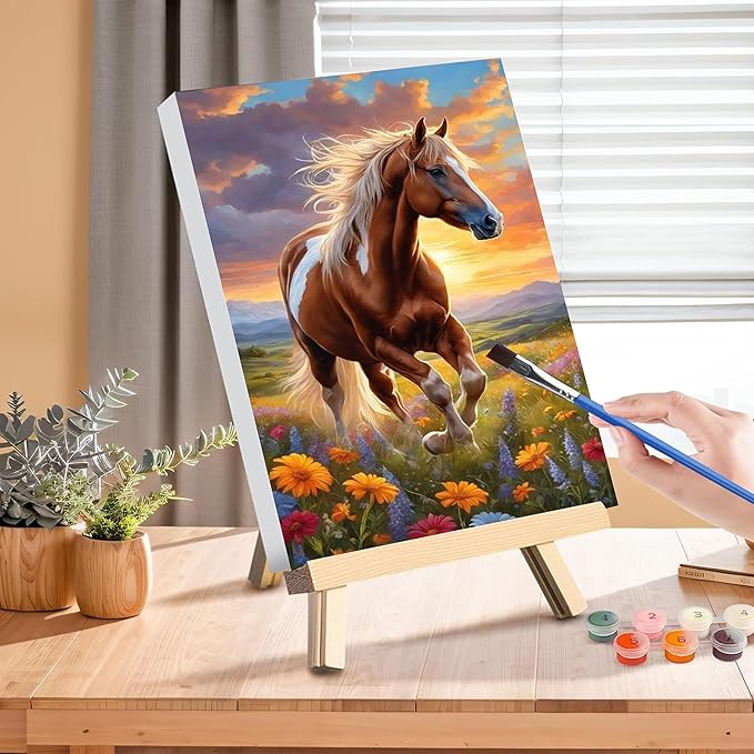 Horse Paint by Numbers for Adults with Framed Canvas-with Wooden Easel,Paint by Number on Canvas Animals,DIY Acrylic Oil Painting Kits with Brushes Nice Gift Box for Home Wall Decor(12x16inch)