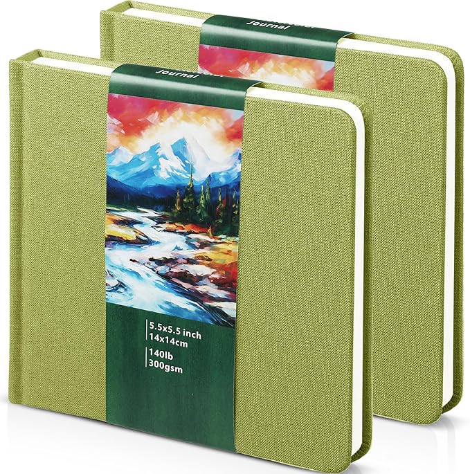 Dispowreath 2 Pcs 5.5 x 5.5 in Watercolor Sketchbook Journal Square Watercolor Notebook Cold Press 140lb 300gsm Cotton Paper 48 Pages Journals Notebook Paper Pads(Green)