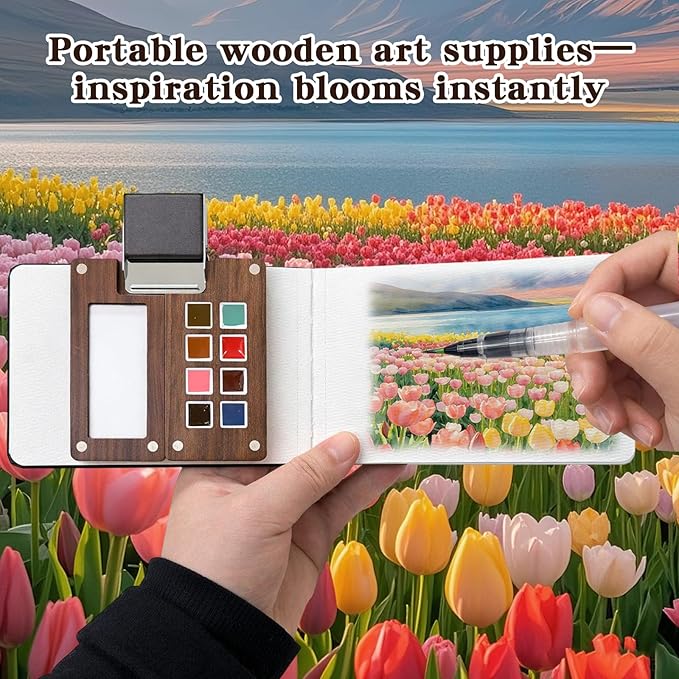 Mini Watercolor Travel Paint Set - 3.7in Mini Watercolor Palette Kit, Pocket Water Color Palette Kit with 18 Colours Paint, Sketchbook, Pens, Wooden Paint Box for Painters Artists Students