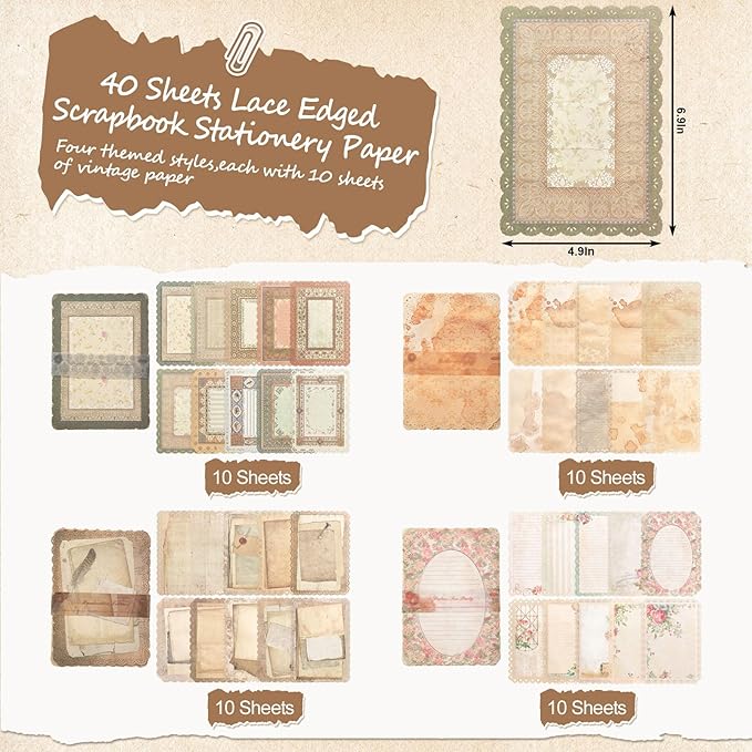 40 Pcs Textured Vintage Scrapbook Paper, 4 Themes Scrapbook Journaling Supplies, Embossed Designs Scrapbooking Kit Decorative Paper for Junk Journals, Card Making, Collage Art, Retro Crafts