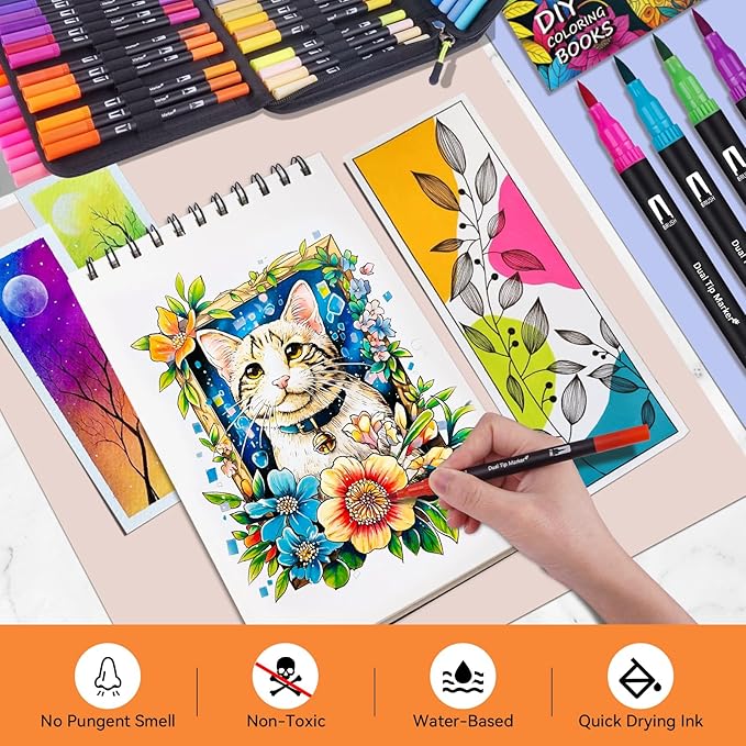 Dual Markers Brush Pens for Adult Coloring Books, 168 Colors Art Marker Set with Fine & Brush Tip Pen for Bullet Journaling, Coloring, Drawing, Hand Lettering, Calligraphy, Art Supplies
