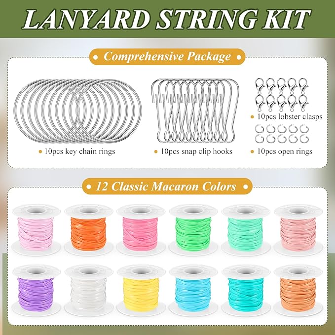 Gimp String Kit, 12 Rolls Lanyard String Plastic Lacing Cord 131yd Elastic Boondoggle Summer Gimp Bracelet Lanyard for Friendship Bracelets Making Jewelry DIY Summer Craft Weaving Kit(Macaron Color)