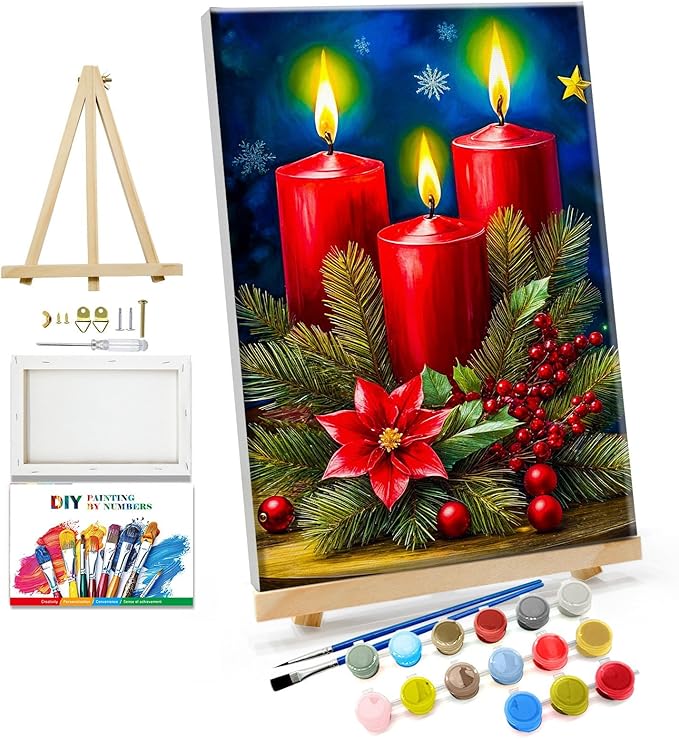 JOOZ Paint by Numbers Kit for Adults Framed Christmas Paint by Number with Easel Christmas Candles Adult Paint by Number Kits Framed Canvas DIY Oil Painting Kits for Home Wall Decor 8x12 Inch