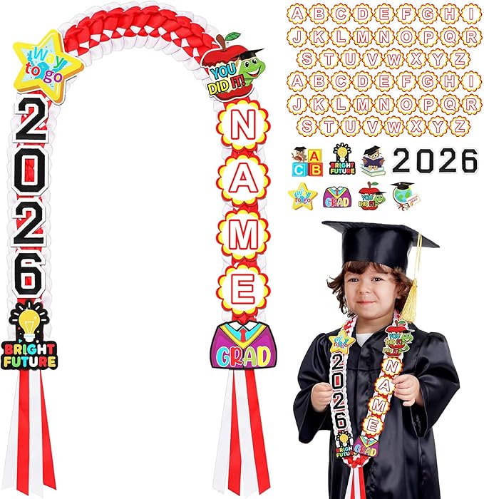 Juexica Kindergarten Graduation Ribbon Leis Class of 2026 Braided Necklace Making Kit with Alphabetic Decorative Cards Preschool Kids Grad Graduation Party Gifts(Red, White)