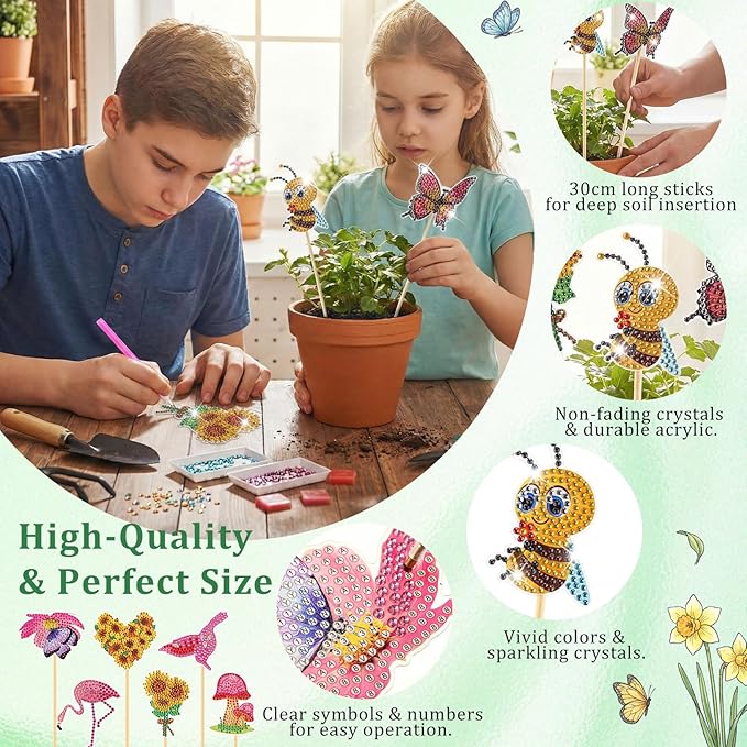 Sliner 20 Pcs Diamond Art Kits for Adults for Garden Decor with Butterfly, Hummingbird, Flowers, Bee, Mushrooms, Diamond Art Kit with Stakes Dot Ornaments Kits for Outdoor Yard Decoration Crafts