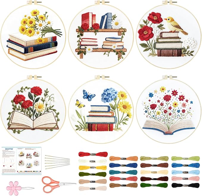 BEUNITONE Books Flowers Embroidery Kit, 6PC Literary Themed Cross Stitch Set for Book Lovers, Reading Hobby DIY Craft, Unique Home Decor Gift Idea