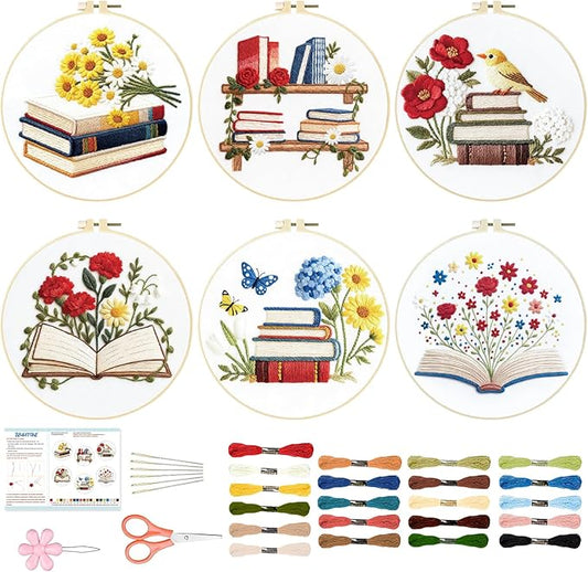 BEUNITONE Books Flowers Embroidery Kit, 6PC Literary Themed Cross Stitch Set for Book Lovers, Reading Hobby DIY Craft, Unique Home Decor Gift Idea