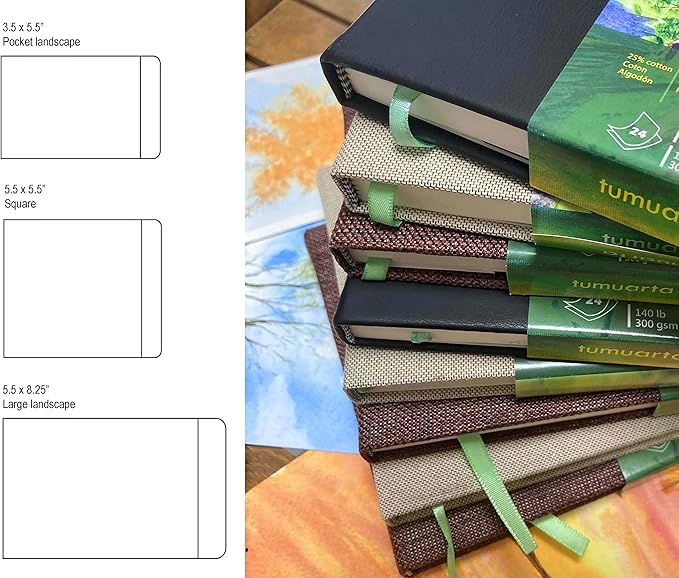tumuarta Square Watercolor Journal, 5.5x5.5”, 140 LB, 300 GSM, Cotton Paper, Cold Press, 24 Sheets, 48 Pages, Watercolor Paper SketchBooks for Use As Mix Media Pad On The Go