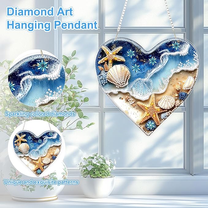 TOSTOG Diamond Art Hanging Kits for Adults, Beach Shell Starfish Diamond Painting for Adults Window Pendant,Special Shape Diamonds Diamond Painting Hanging Pendant Kit for Wall Home Decor Gift
