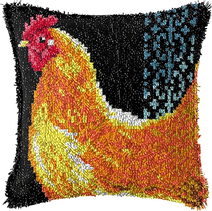 ZFFLYH Latch Hook Kit for Adults and Beginner, Chickens Printed Pattern Canvas and Precut Wools, Pillow Cover Handcraft Printed Pillowcase Embroidery Set