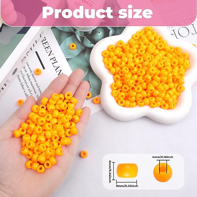 Plastic Pony Beads, 1000 Pcs, 6x9mm, for Bracelet, Hair Braiding, Friendship Bracelets, Jewelry Making (Orange)