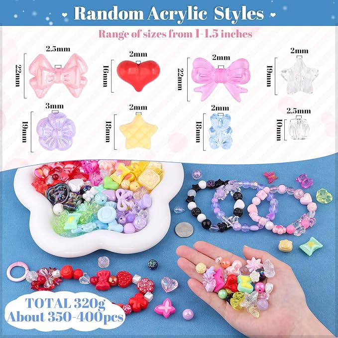 500-550pcs tinkrstuff assorted 8 colors mixed acrylic beads for bracelet making, cute beads for jewelry making flower bow butterfly gummybear aesthetic bracelet beads,diy necklace keychain phone charm