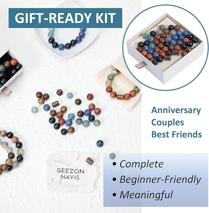 Geezon Navis Bracelet Making Kit - 10mm Natural Stone Beads with Wooden Beads - 48pcs Multicolor - DIY Jewelry Making Starter Kit Adult Men Women Birthday Gift Craft (48, Color B)