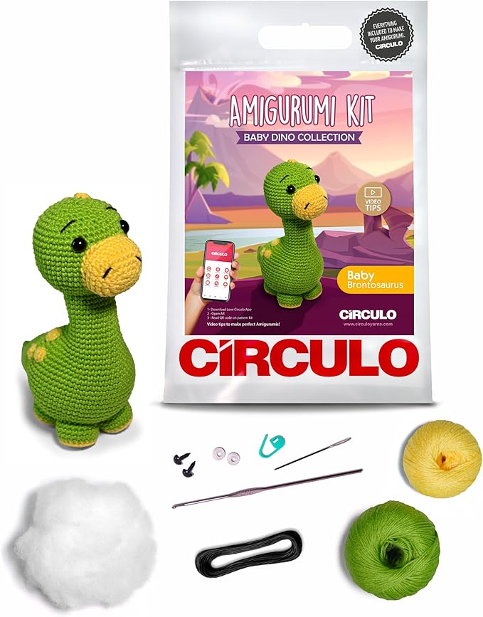 CÍRCULO Amigurumi Crochet Kit - Baby Dino - All Included, Easy Instructions - Crochet Kit for Intermediate - Crochet Set - Animal Crochet Kit, Premium Amigurumi Yarn for Crocheting – Brontosaurus