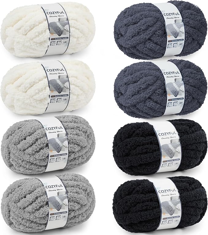 Chunky Yarn for Hand Knitting - #10 Chunky Chenille Yarn, Jumbo Big Thick Chunky Yarns for Crocheting, Super Bulky Chunky Knit Blanket Yarns, 8 Skein (25yd, 8oz/Skein), Cream & Multi Grey