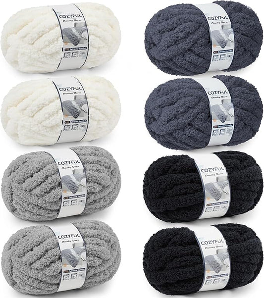 Chunky Yarn for Hand Knitting - #10 Chunky Chenille Yarn, Jumbo Big Thick Chunky Yarns for Crocheting, Super Bulky Chunky Knit Blanket Yarns, 8 Skein (25yd, 8oz/Skein), Cream & Multi Grey