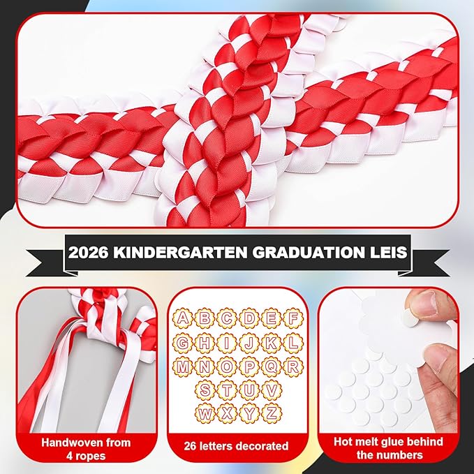 Juexica Kindergarten Graduation Ribbon Leis Class of 2026 Braided Necklace Making Kit with Alphabetic Decorative Cards Preschool Kids Grad Graduation Party Gifts(Red, White)