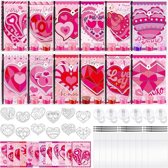 Geelin 24 Sets Valentine's Suncatcher Craft Kit DIY Window Art Suncatchers Heart Shaped Sun Catchers Valentine's Day Ornaments for Gifts Home February Decor Party Favors