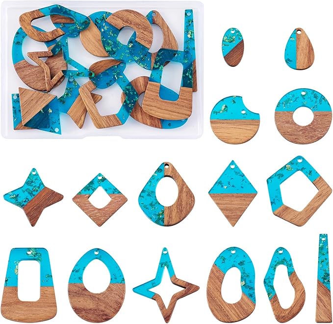 Beadthoven 30pcs/15 Pairs Sea Blue Charms Resin Wood Pendants for Earrings Making Transparent Resin Wood Pendants Natural Wooden Pieces Tag Pendants for Bohemian Jewelry Making Necklace Keychain