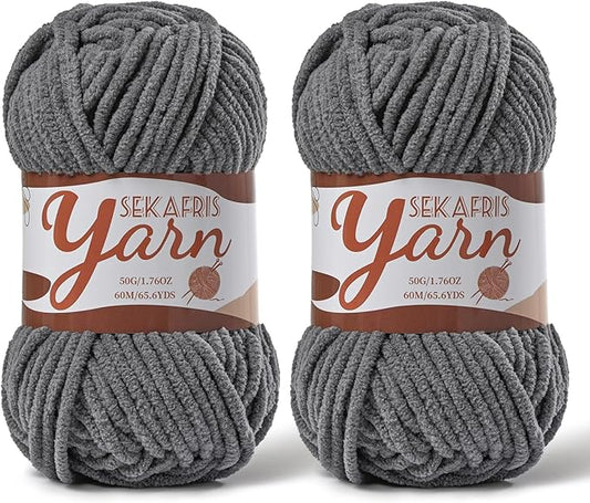 2 Pack Fluffy Velvet Yarn for Crocheting，Baby Blanket Yarn for Crocheting Soft，100g(131yds) Amigurumi Yarns，Plush Chenille Crochet Yarns，Puzzle Yarn for Crochet Weaving Craft(2 Dark Gray)