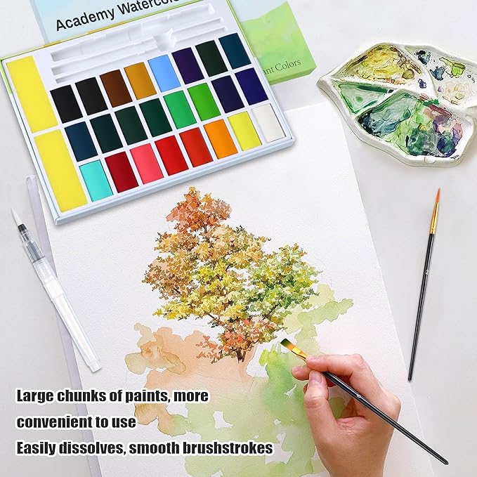 24 Colors Large Block Watercolor Paint Set for Watercolors Workbook, Portable Water Colors Paint Kit with 2 Paintbrushes 1 Waterbrush, for Adult Painting Beginners & Professional Amateur Hobbyists (Classic 24 Colors)
