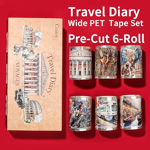 6-Roll Pre-Cut Travel Diary Wide PET Washi Tape Set - Transparent Scrapbooking Supplies, Journaling, and Crafting - Decorative Stickers, Planner Arts, and Collage