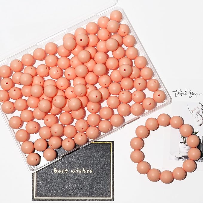 120pcs Richbunnys 15mm Bulk Silicone Beads for Pens and Keychain Making,Large Bead for Necklace and Bracelets Making,Assorted Rubber Beads Set for Crafts(Apricot)
