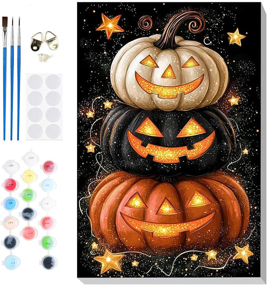 Bowetile Halloween Framed Paint by Numbers for Adults, Adults' Paint-by-Number Pumpkin Kits on Canvas, Easy Acrylic Number Painting Crafts Kits Halloween Gifts for Home Decor, 8x12in