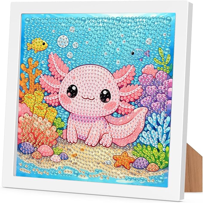 Axolotl Diamond Art Painting Kits for Kids with Frame, Animal Diamond Art for Kids Ages 4-8-12 with Frame, Easy Small Cute Gem Painting Kit for Gift Home Wall Decoration (7x7 inch)