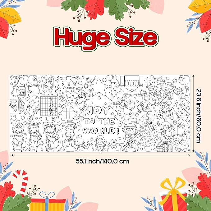 dvbonike jumbo christmas joy to the world coloring poster - nativity xmas tree games color-in paper blank doodle art banner 55.1 x 23.6 inch decor for kids school group activity home party supplies