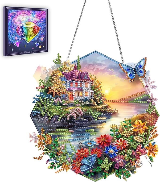Ginfonr Diamond Painting Kits Hanging Pendant, Landscape Diamond Art Kits for Adults, Special Shaped Rhinestone Butterflies Diamond Art, Double Sided Spring Hanging Kits for Garden Window 8 x 8inch