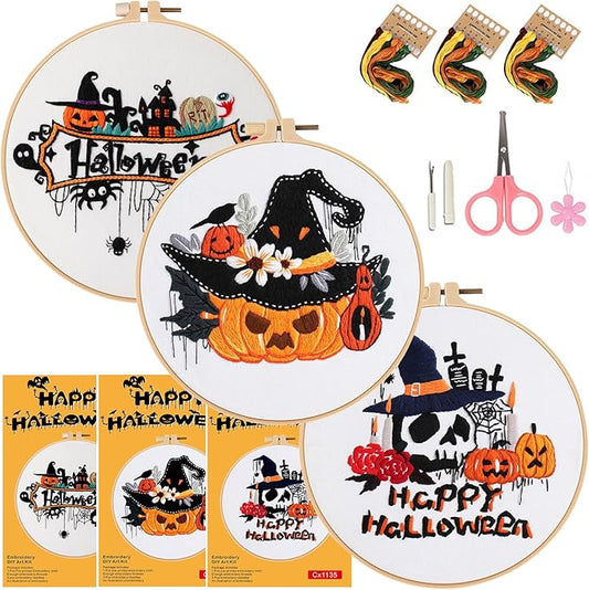COCOMOX Halloween Embroidery kit for Beginners, 3 Set Gothic Cross Stitch Kits Pumpkin Pattern Needlepoint Craft Kit for Adults, DIY Gift