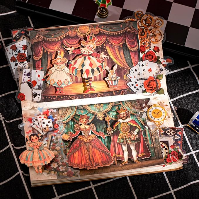 Vintage Carnival Circus Sticker Set – 90pcs Laser-Cut Interactive Stage Cards with Retro Clown Ephemera for Scrapbook Journal Junk Journal & DIY Collage Decor