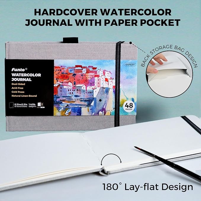 Funto Classic Hardcover Watercolor Journal, 8.5x5.5(2-Pack)-140lb Cold Press Paper, Lay-Flat Binding,Inner Pocket, for Adults & Artists