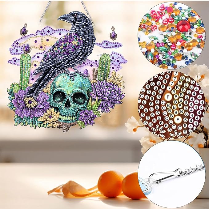 Bimkole Crow Diamond Art Hanging Kit for Adult, DIY 5D Skulls Diamond Art Painting Window Pendant, Acrylic Crystal Art Hanging Ornament for Wall Home Garden Front Door Decor - 7.8x7.8 Inch