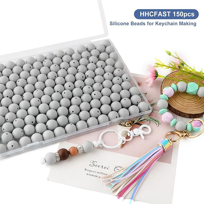 150Pcs 15mm Silicone Beads for Keychain Making Bracelet Necklace, Bulk Round Silicone Beads for Pens(Light Gray)