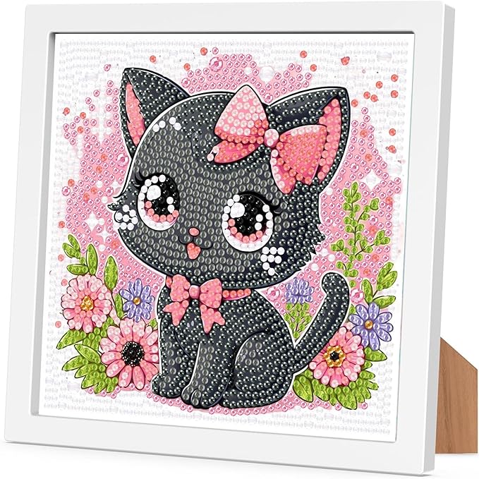 Cat Diamond Art Kits for Kids with Frame-Cat Diamond Art for Kids Ages 4-8-12 with Frame,Animals Diamond Painting Kits for Kid for Gift Home Wall Decoration(7x7inch)