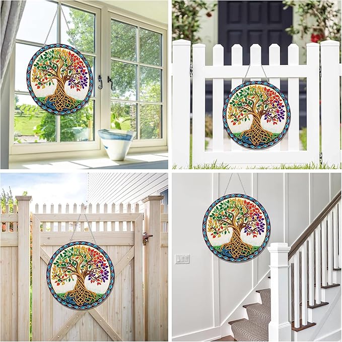 Reofrey Hanging Diamond Art Kits for Adults - 8x8 Inch Tree Acrylic Board Double Sided Pattern Diamond Painting Suncatcher Pendant, DIY Crystal Art for Home Wall or Window Decoration Handmade Gift