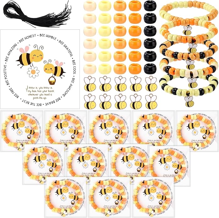 Highergo 50 Set Motivational Bee Themed Gifts Bee Bracelet Beads DIY Craft Kit with Inspirational Cards and Bags for Teacher Bee Party Favors
