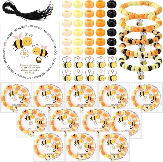 Highergo 50 Set Motivational Bee Themed Gifts Bee Bracelet Beads DIY Craft Kit with Inspirational Cards and Bags for Teacher Bee Party Favors