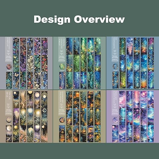 6 Rolls Fantasy Washi Tape Set – Non-Repeat Magical Forest and Galaxy Designs for Scrapbooking, Journaling, Planner, DIY Crafts with Storage Clip