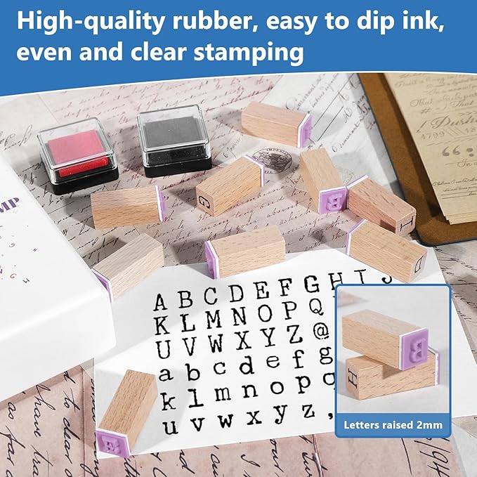 61 PCS Small Letter Stamps and Ink Pad for Crafting, Clay Alphabet Wooden Rubber Stamp Kit, DIY Craft Scrapbook Supplies for Card Making (Small-63PCS)