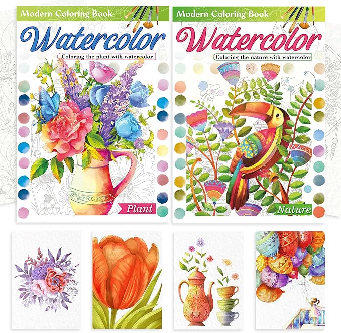 2Pcs Adults Water Coloring Book: 24 Advanced Exquisite Patterns – 100% Cotton 300gsm Paper, A4 Size – for Beginners & Professionals to Enhance & Consolidate Watercolor Techniques (Plant & Nature)