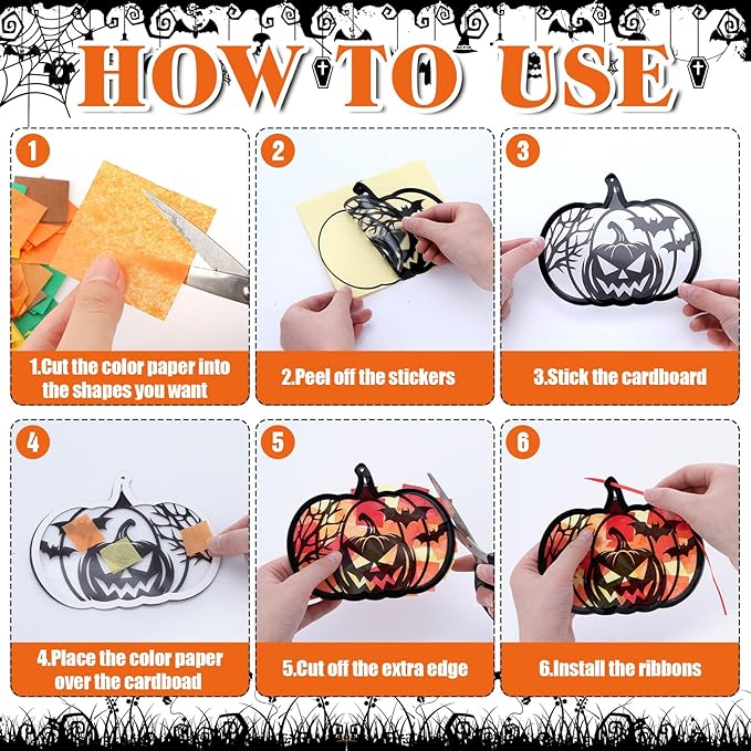 30 Pcs Halloween Suncatchers Paper Craft Set Pumpkin Bat DIY Stained Glass Effect Tissue Paper Kits Gift Bulk for Halloween Classroom Activities Art Party Decor