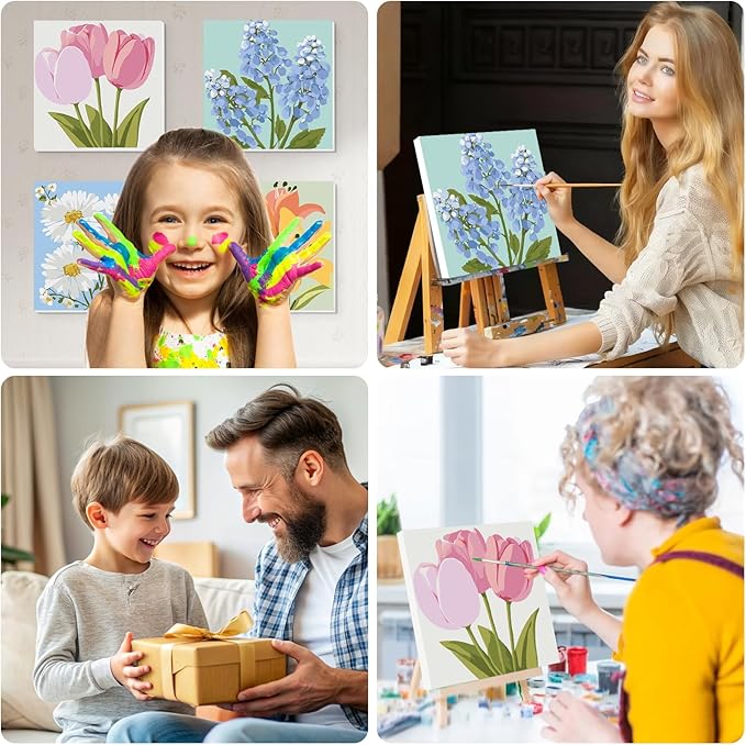 Lxmsja 4 Pack Gentle Garden Paint by Numbers Kit for Adults, Easy Framed Paint by Numbers for Adults Beginner, DIY Acrylic Oil Painting Craft Kits for Home Wall Decor 8x8 inch